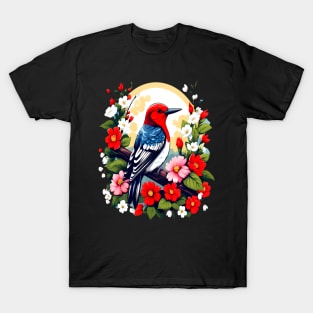 Cute Red Headed Woodpecker Surrounded by Vibrant Flowers T-Shirt